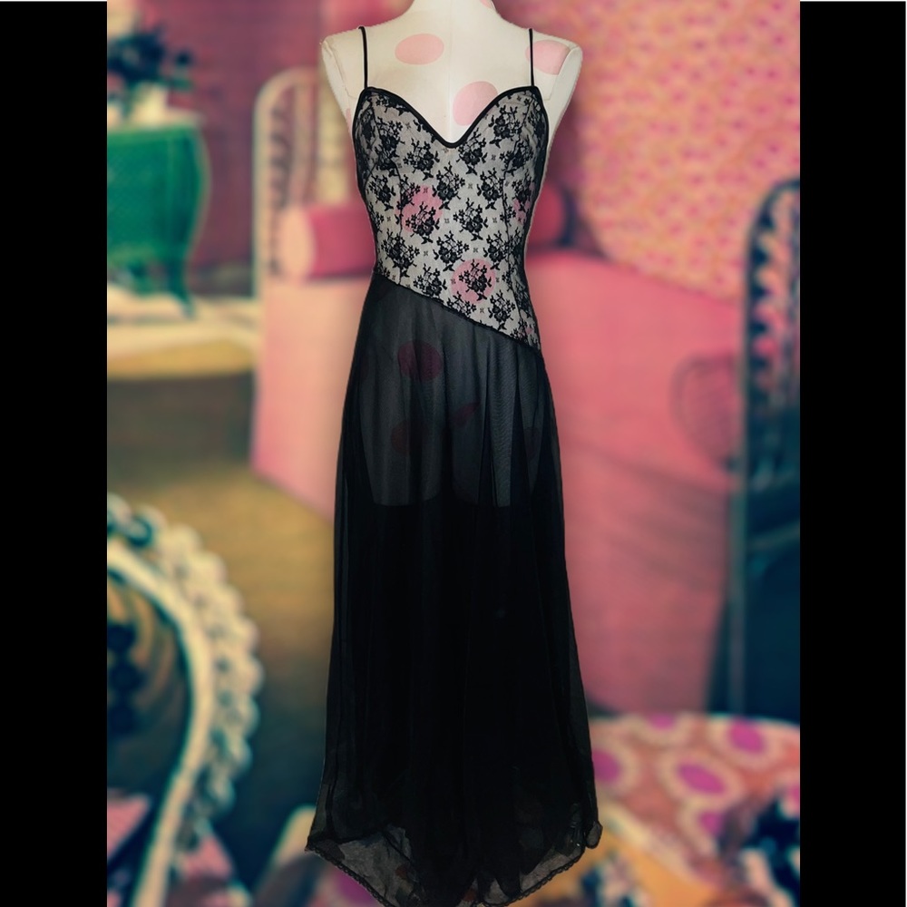 Glydon’s Vintage 1960s Black Lace Sheer Floor Length Lingerie Night Gown Medium